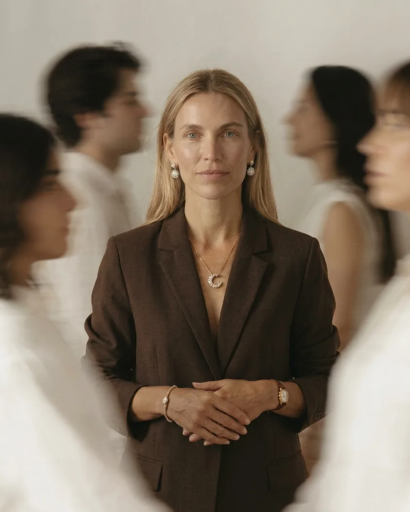 A woman in a brown blazer, calm amid people walking past